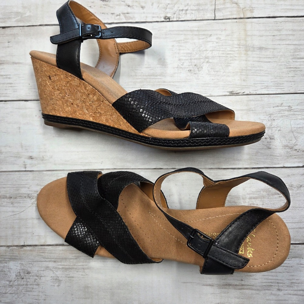 Clarks Collection Wedge Sandal Snakeskin Ankle Strap Women 10 Black Cork Heel‎